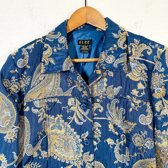 Vintage ELCC Tapestry Blazer Jacket Needlepoint Pockets Long Sleeve BLue Gold- L - Picture 3 of 4